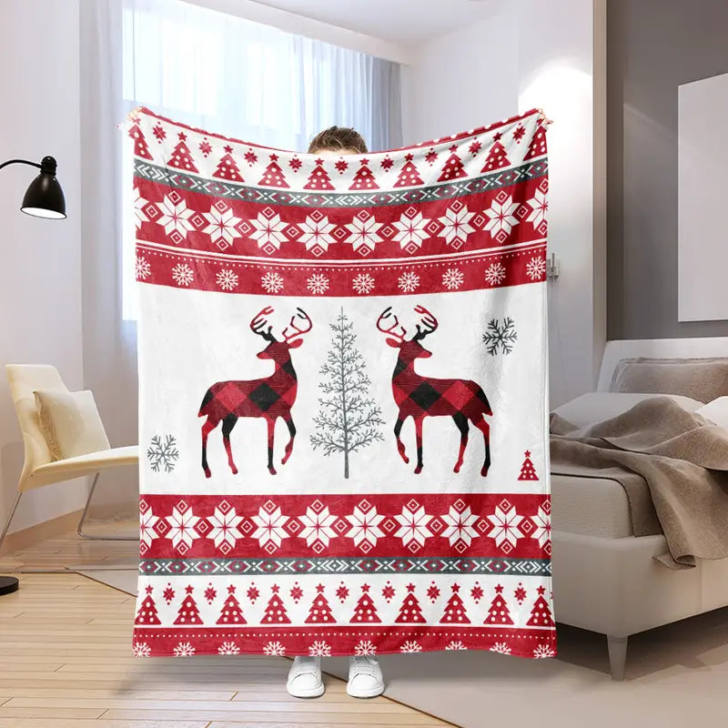 Christmas Snowman Deer Print Flannel Throw Blanket