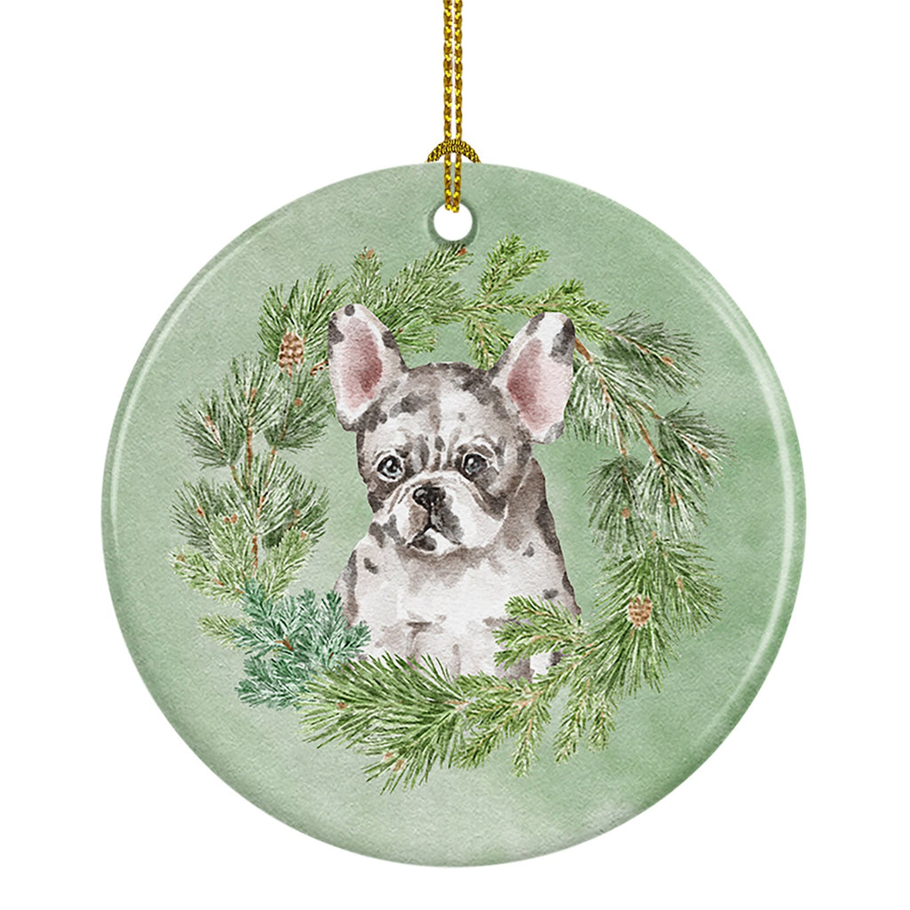 French Bulldog Puppy Pied Christmas Wreath Ceramic Ornament