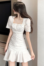 French Niche Square Neck Ruffle Dress for Summer