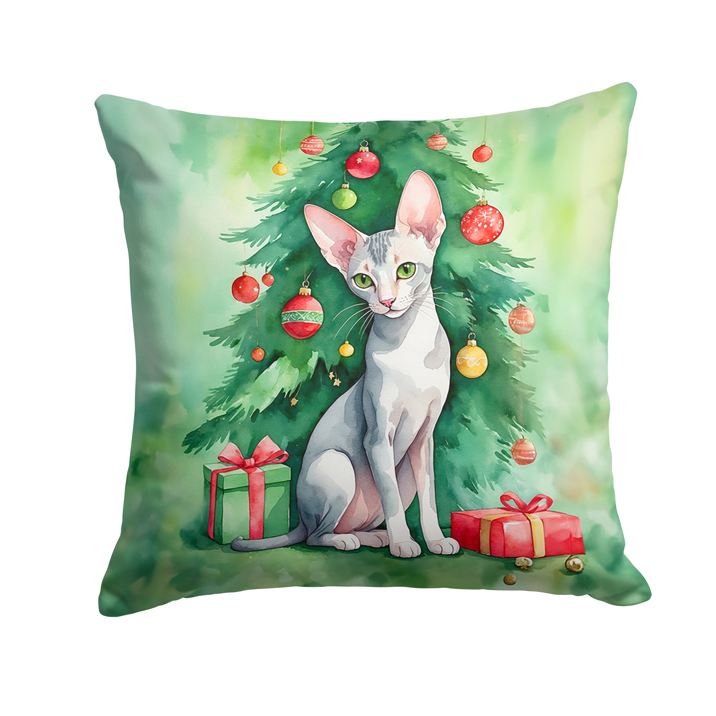 Oriental Shorthair Cat By the Christmas Tree Throw Pillow