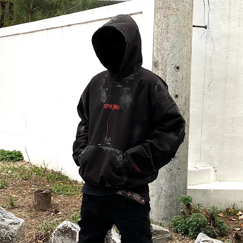 Vintage Washed Embroidered Letter Hoodie for Unisex | Streetwear