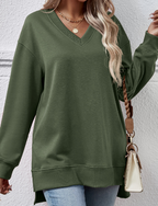V-neck Split Front Long Back Sweater in Solid Color