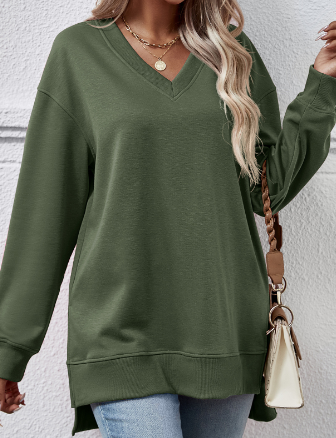 V-neck Split Front Long Back Sweater in Solid Color