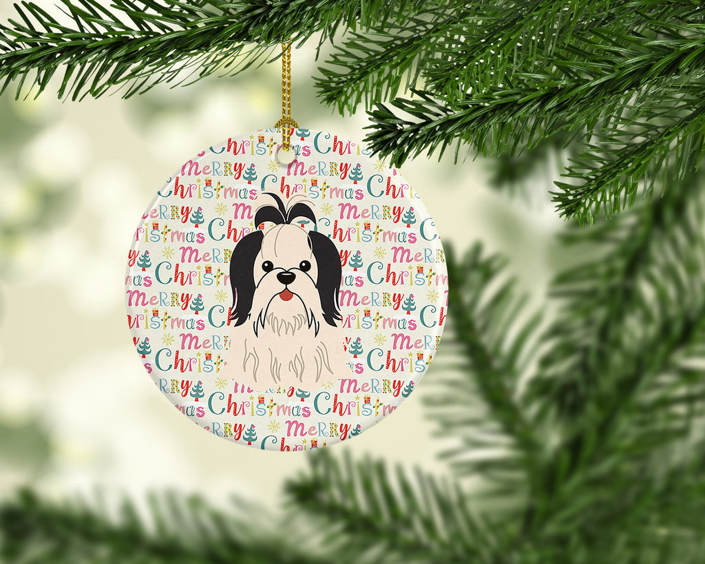 Merry Christmas Shih Tzu Black White Ceramic Ornament