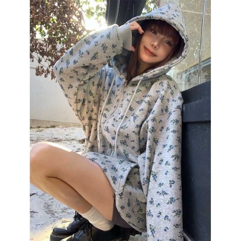 Autumn Retro Floral Hooded Fleece Sweater Coat