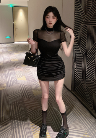 Sexy Black Mesh Panel Pencil Dress with Round Neck