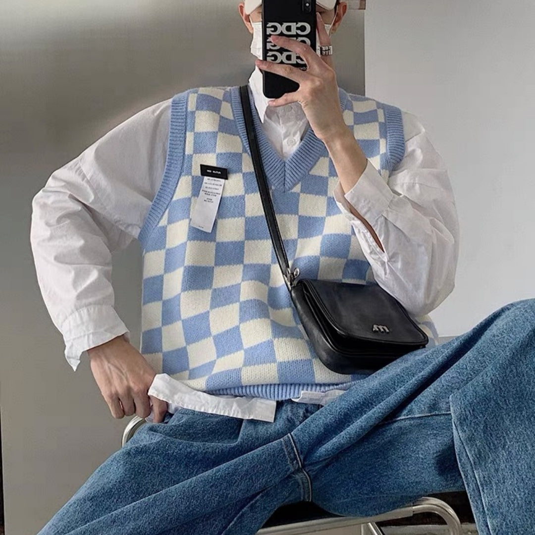 Men's V-Collar Knitted Chessboard Plaid Sweater Vest