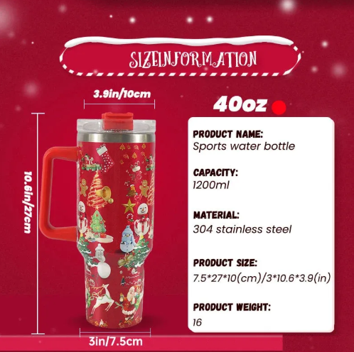 Christmas Stainless Steel Mug 40oz with Handle & Straw