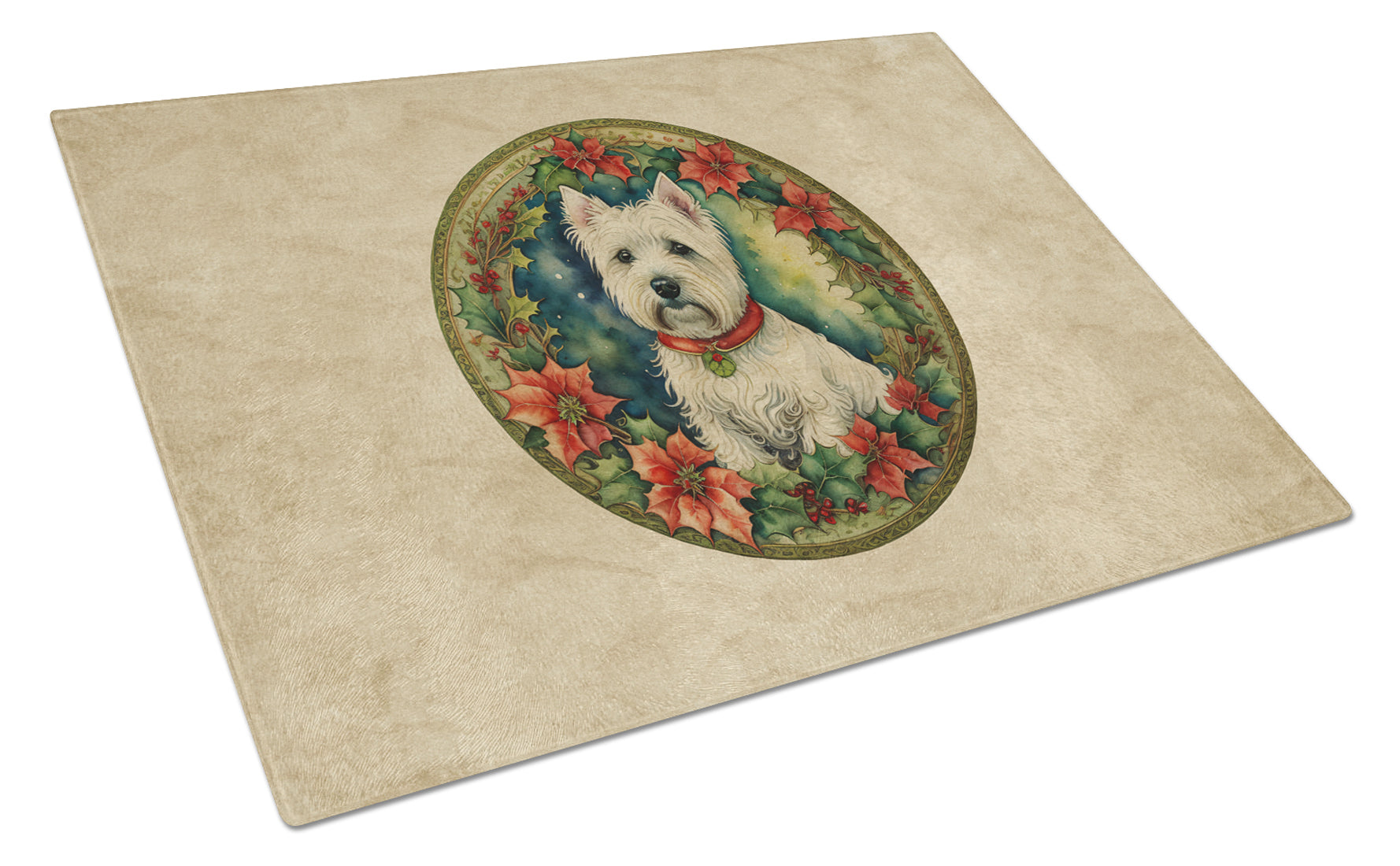 Westie Christmas Flowers Glass Cutting Board
