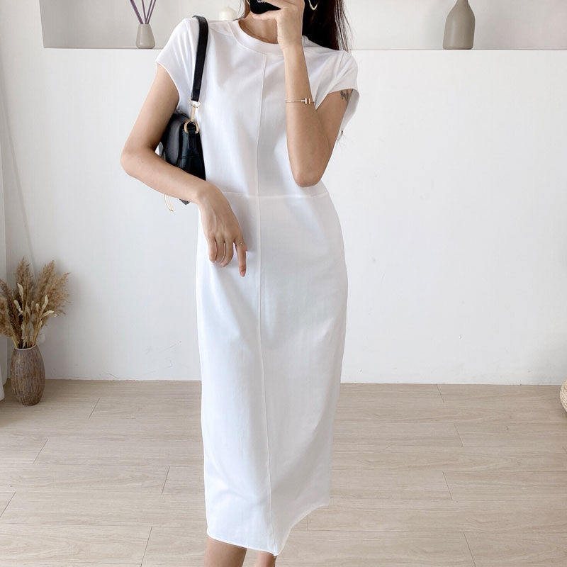 New Cotton Long Dress with Side Slit and Short Sleeves