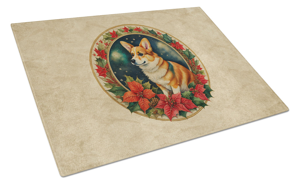Corgi Christmas Flowers Glass Cutting Board
