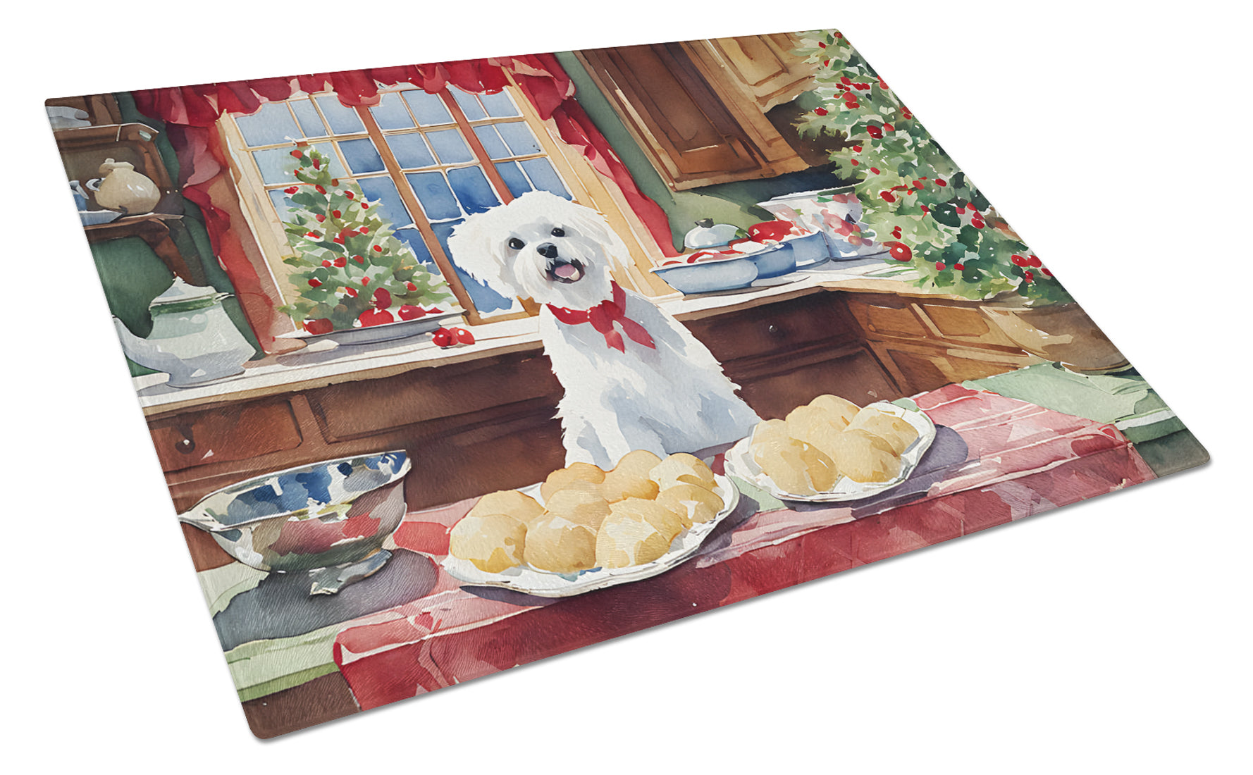 Maltese Christmas Cookies Glass Cutting Board
