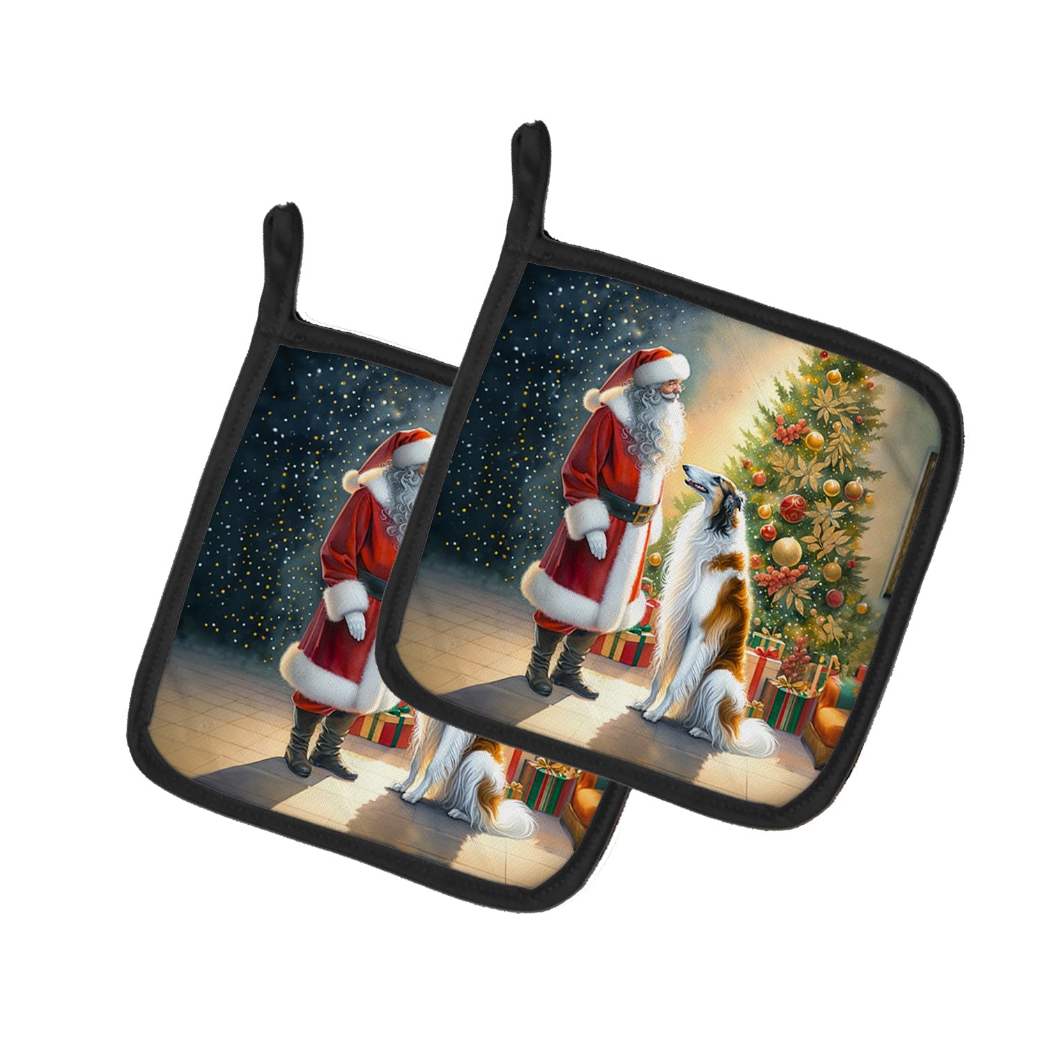 Borzoi and Santa Claus Pair of Pot Holders