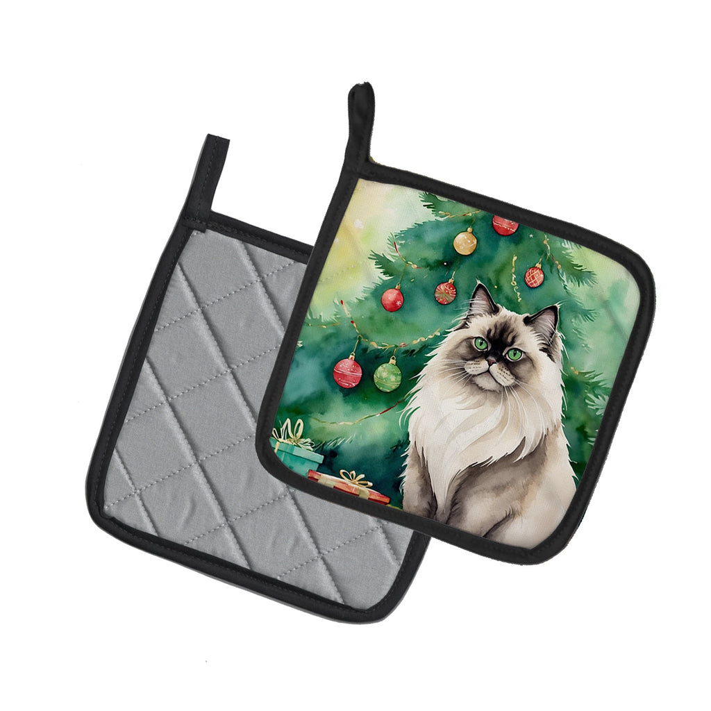 Colorpoint Longhair Cat By the Christmas Tree Pair of Pot Holders