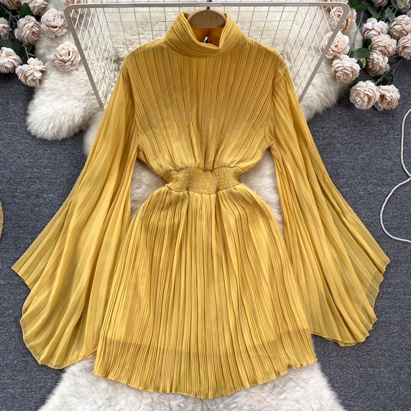 Pleated Flared Sleeve Turtleneck Dress