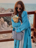 Elegant Blue Women's Knitted Winter Cardigan Jacket
