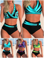Retro Print High-Waisted Bikini Set for Women