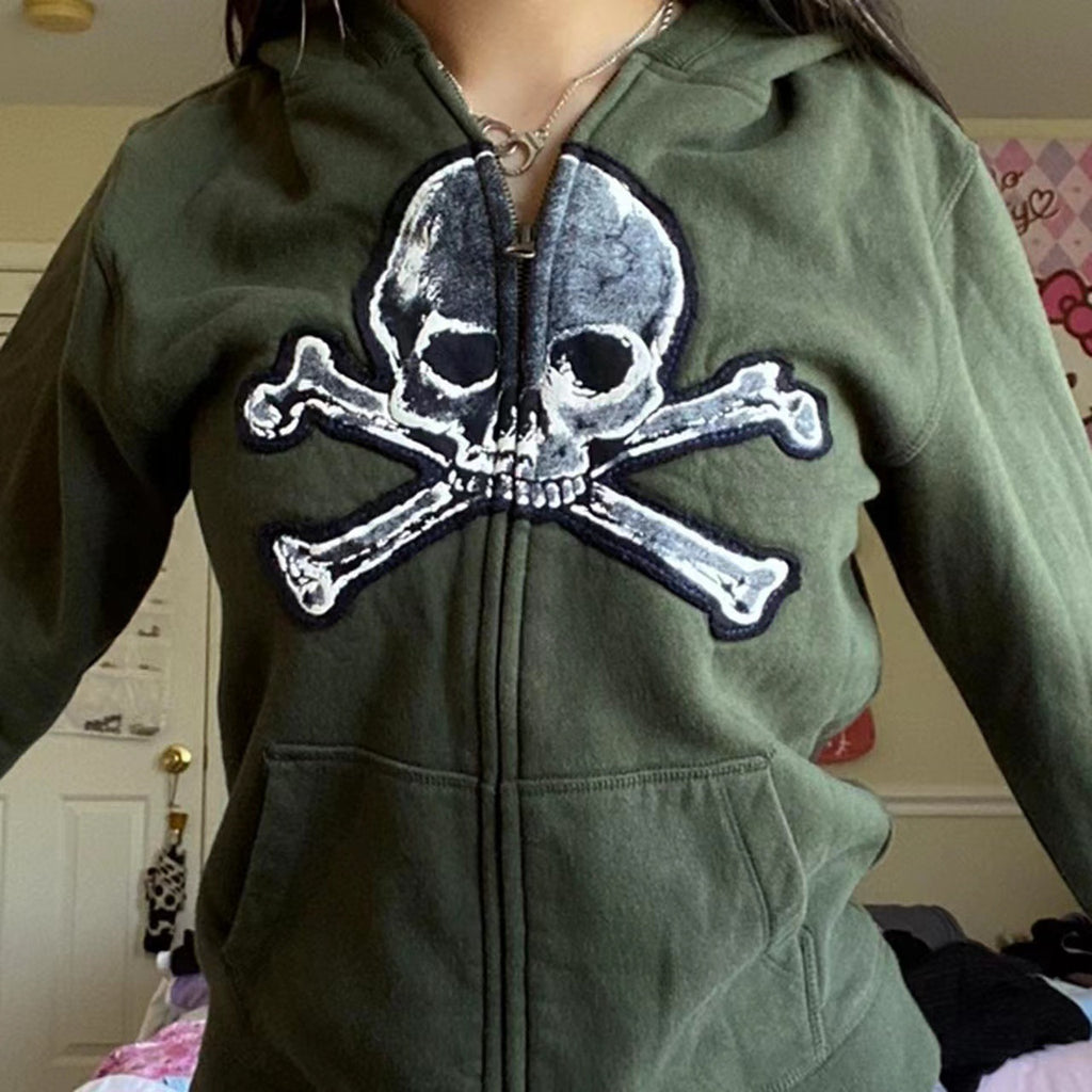 Women's Printed Skull Zipper Sweater Jacket