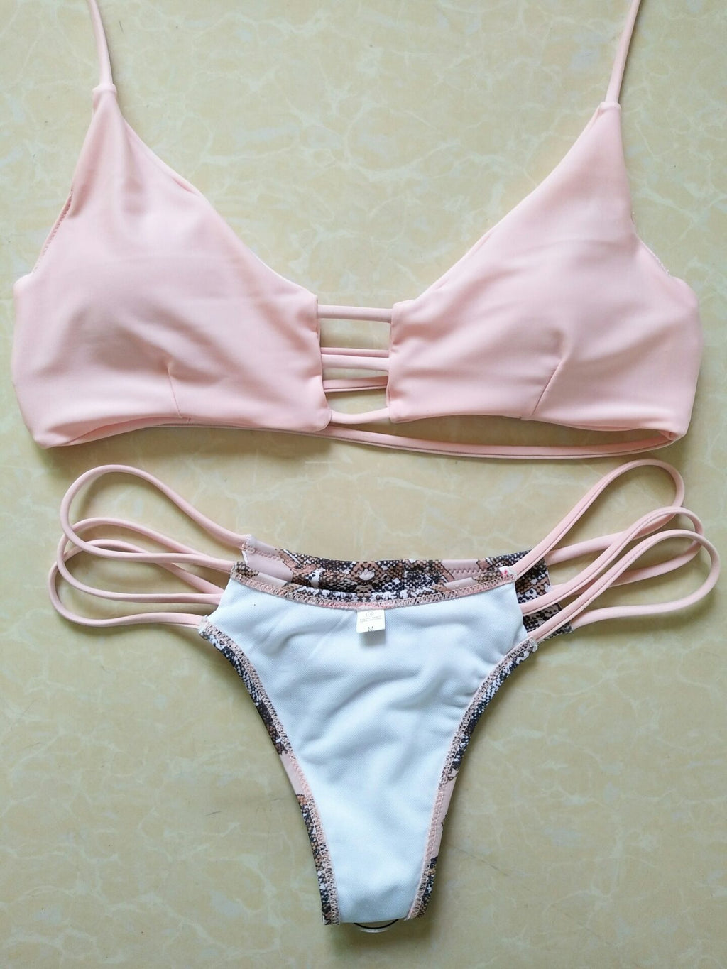 Women's Pink Snake Print Strappy Bikini Set