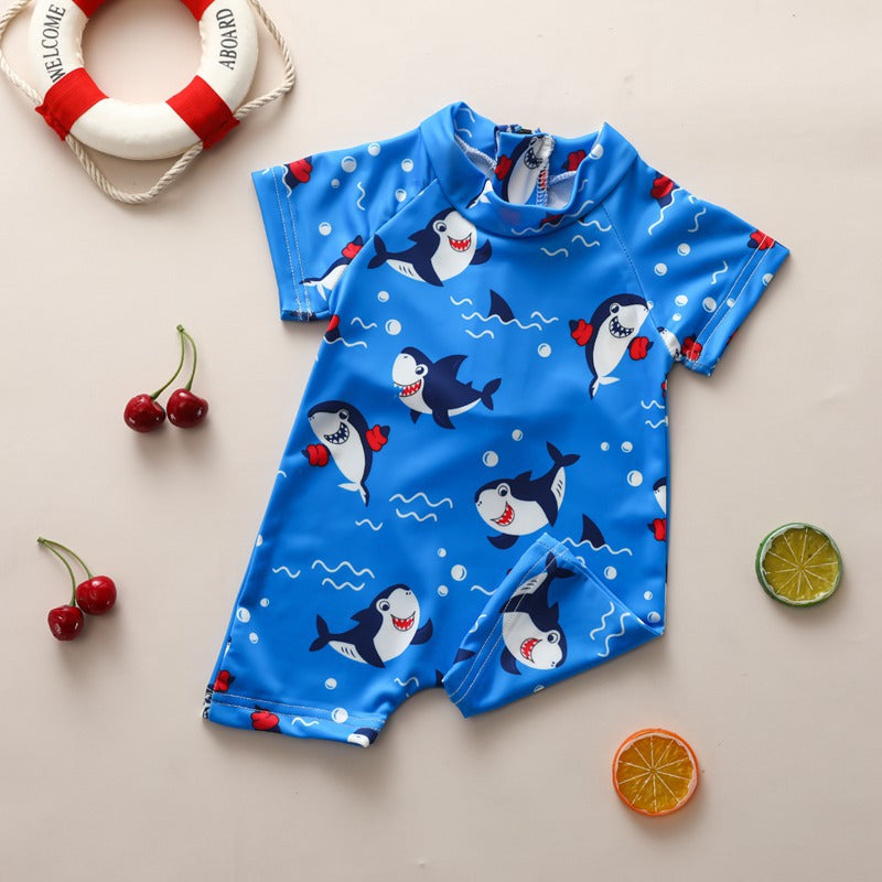 Baby Blue Ocean Shark Short Sleeve Swimsuit with Zipper