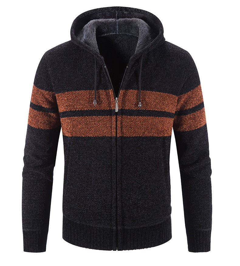 Hooded Striped Color-blocking Plus Velvet Cardigan