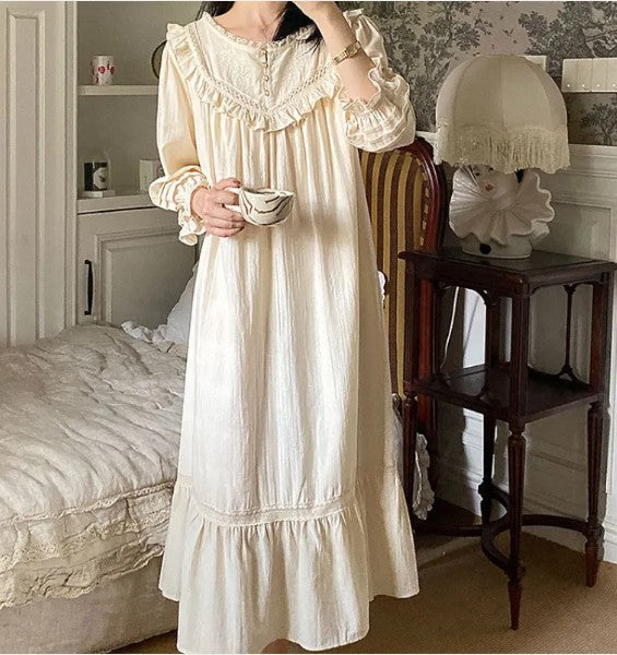 Vintage Embroidery Cotton Long Nightgown for Women