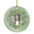 Basset Hound Black White Brown Christmas Wreath Ceramic Ornament