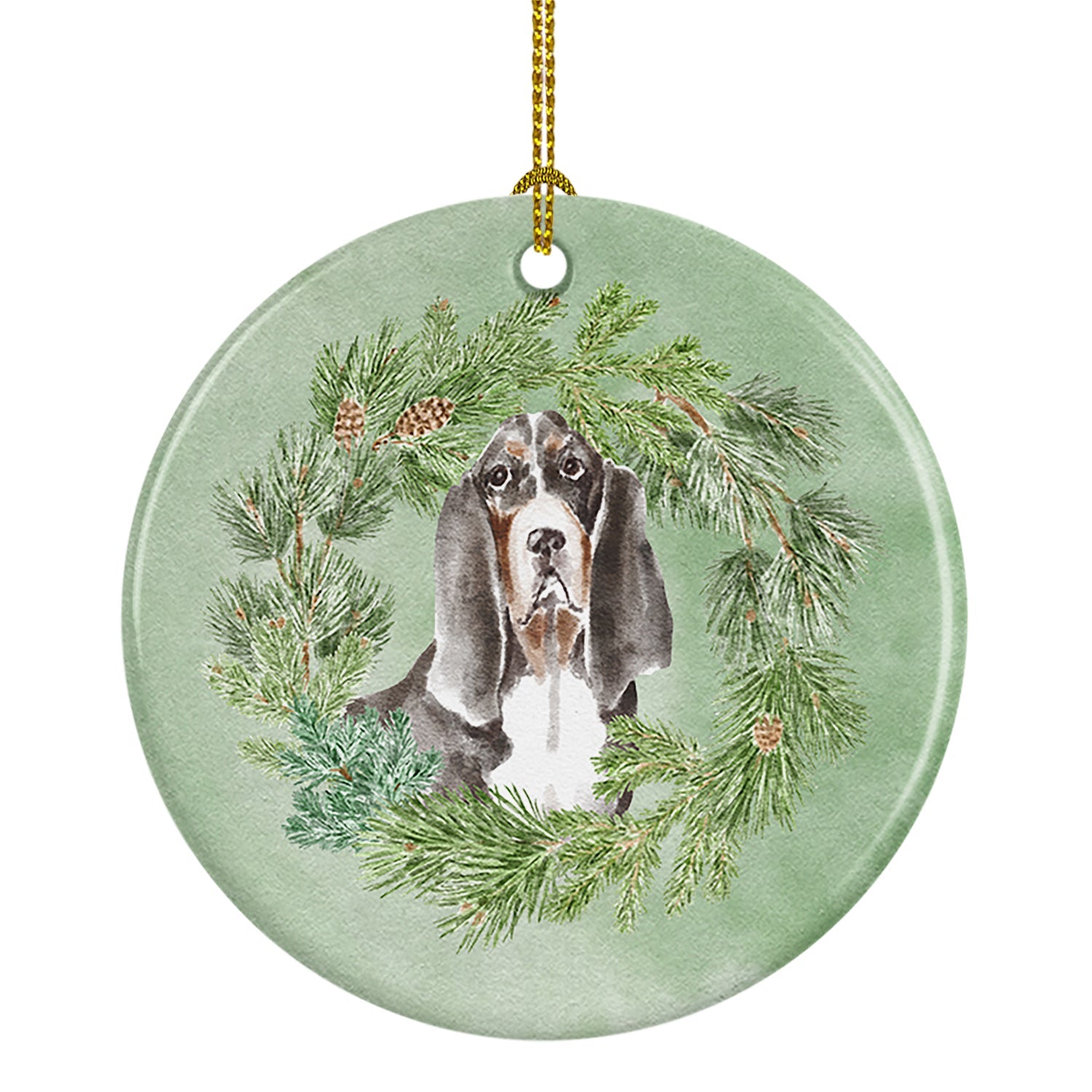 Basset Hound Black White Brown Christmas Wreath Ceramic Ornament