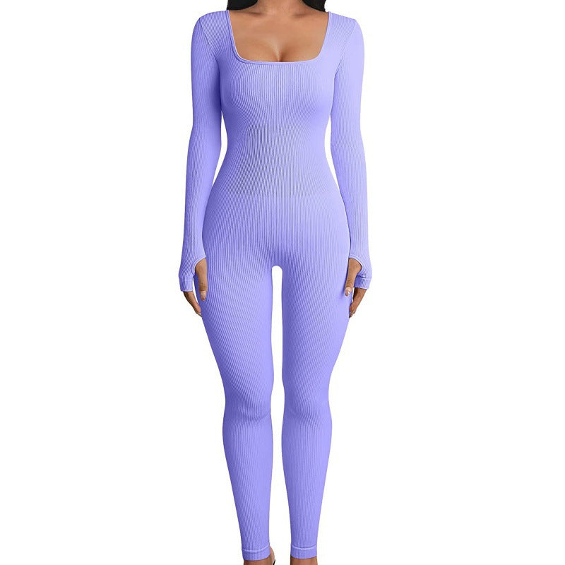 Autumn Winter Women's Ribbed Bodysuit with Square Neck