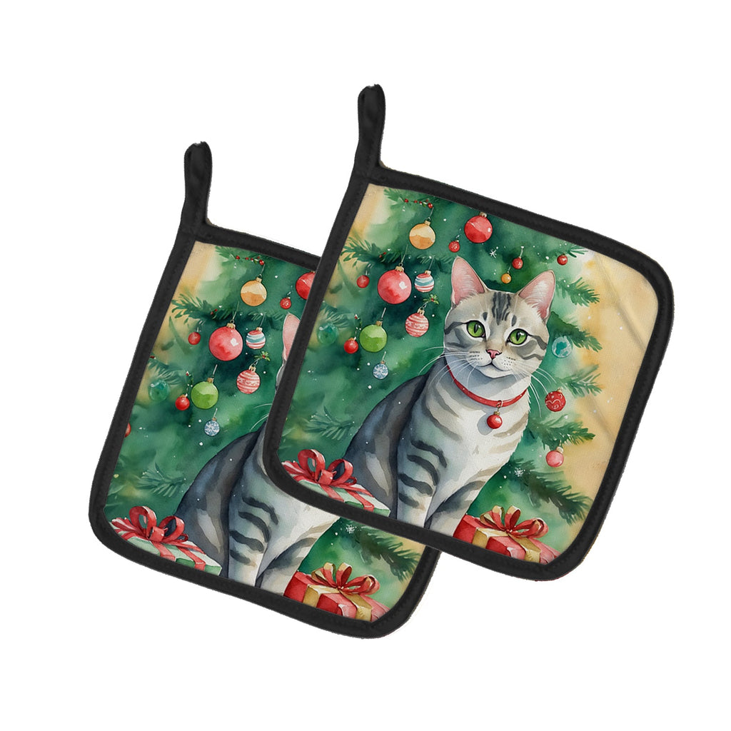 Asian Cat By the Christmas Tree Pair of Pot Holders