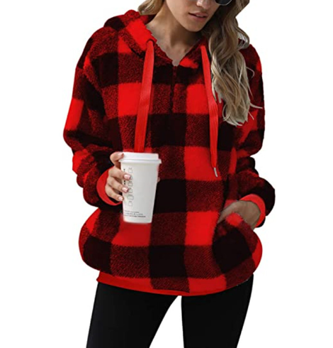 Women's Plaid Long-sleeved Hooded Plush Sweater