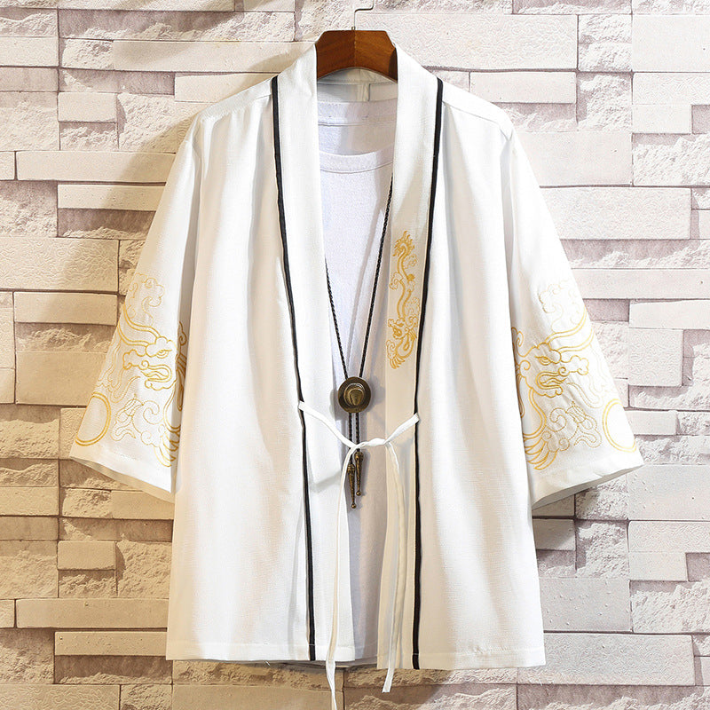 Men's Chinese Crane Embroidered Cardigan with 3/4 Sleeves
