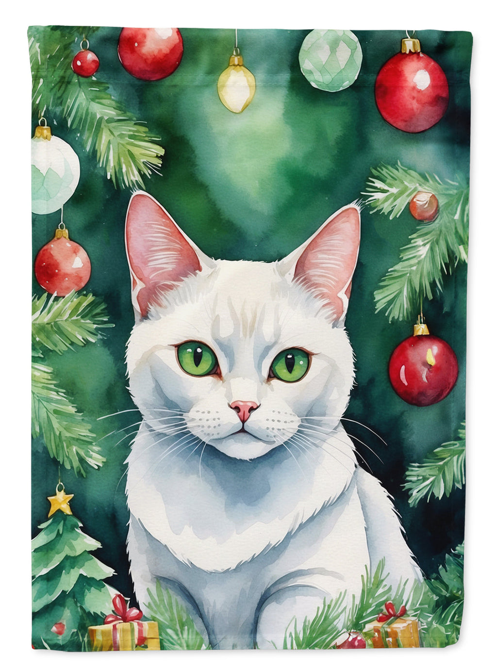 Khao Manee Cat By the Christmas Tree Garden Flag