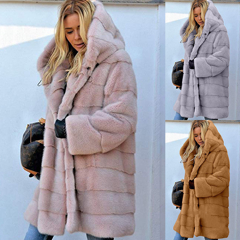 Solid Color Loose Plush Hooded Faux Fur Coat