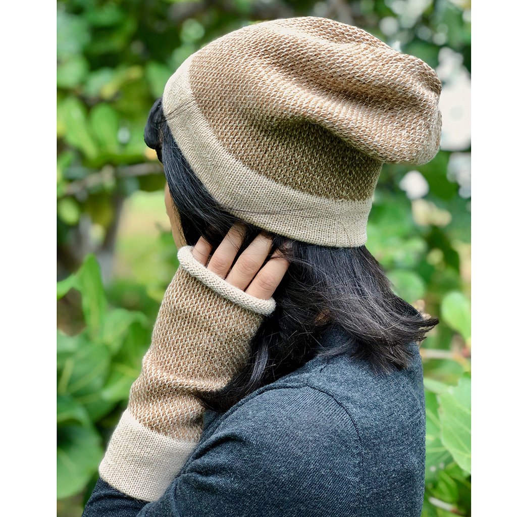 Camel Interwoven Alpaca Beanie | Embroidered Cap