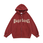 Creative Letters Printed Velvet Hooded Cardigan Coat