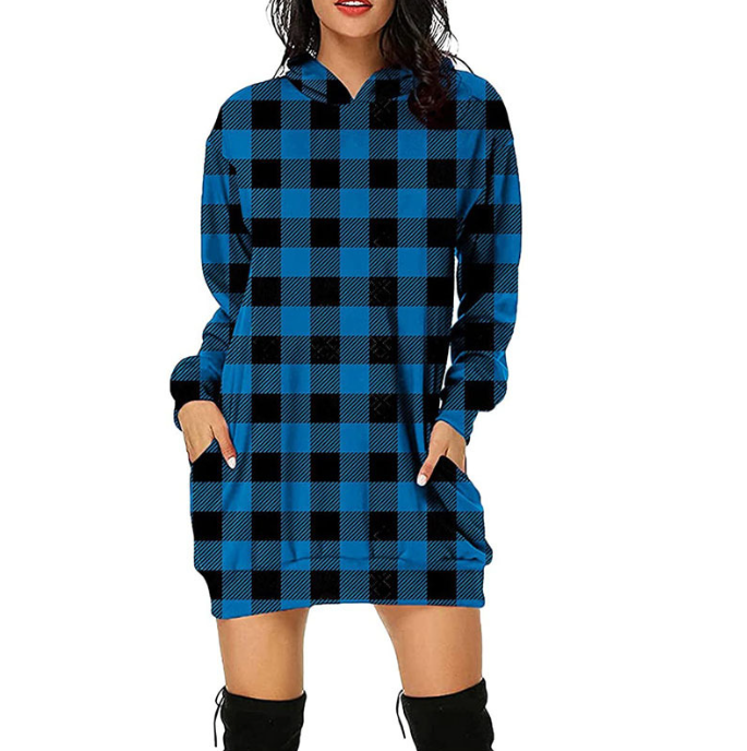 Women's Hooded Long Sleeve Plaid Sweatshirt | Streetwear