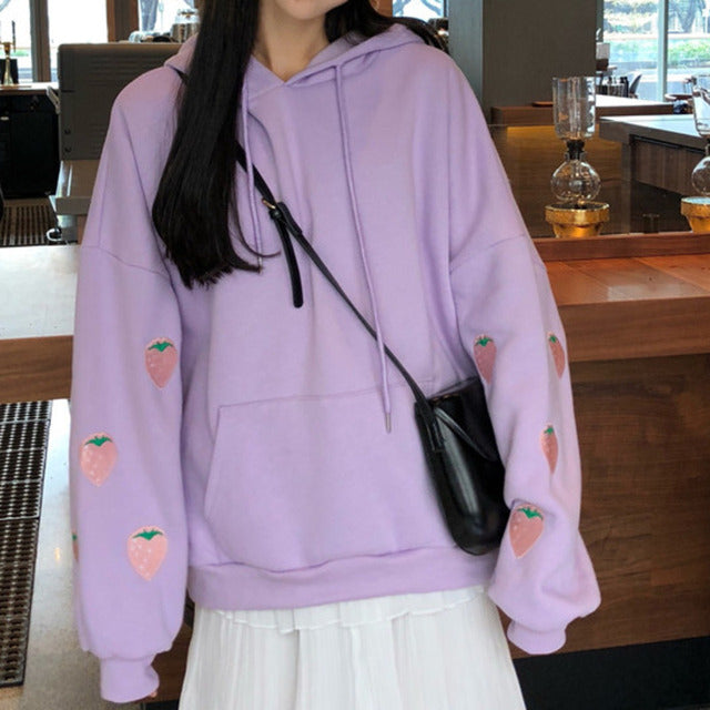 Embroidered Strawberry Fleece Hoodie for Girls | Streetwear