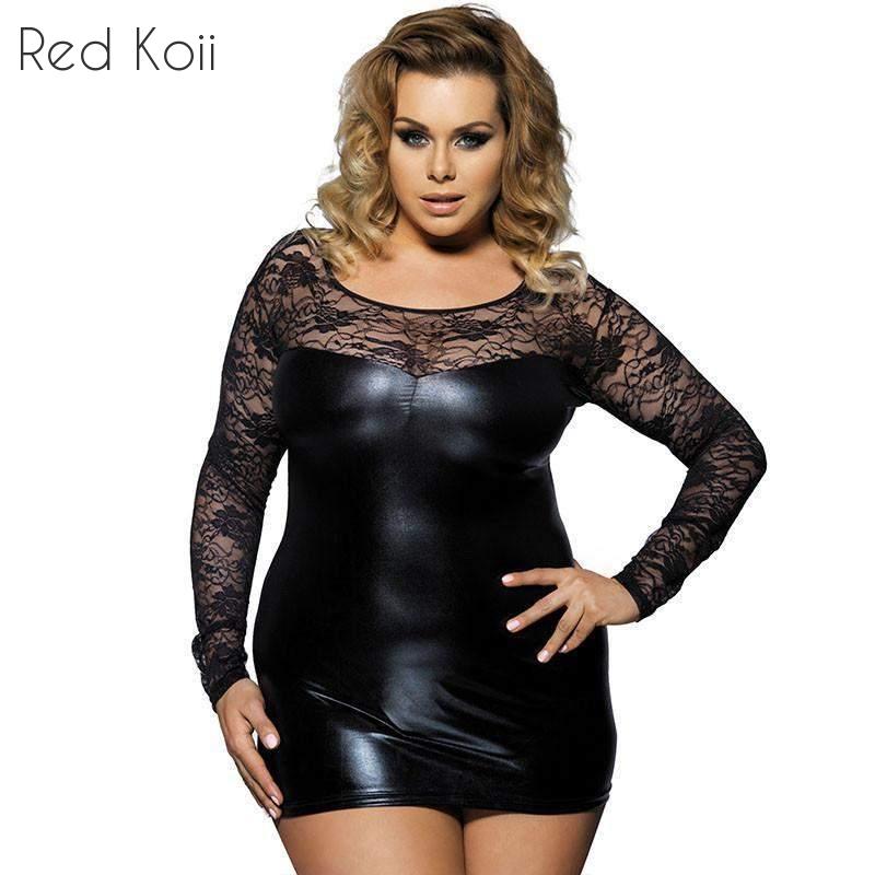 Lace-Trimmed Faux Leather Sexy Lingerie Nightgown