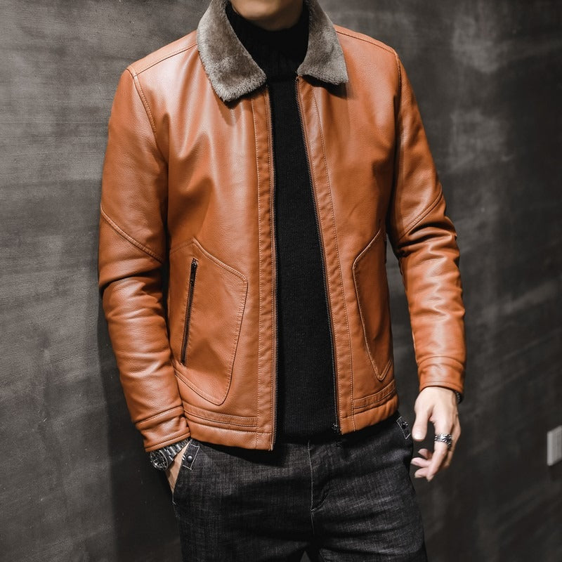 Men's Winter Leather Jacket with Fleece Lining (Single)