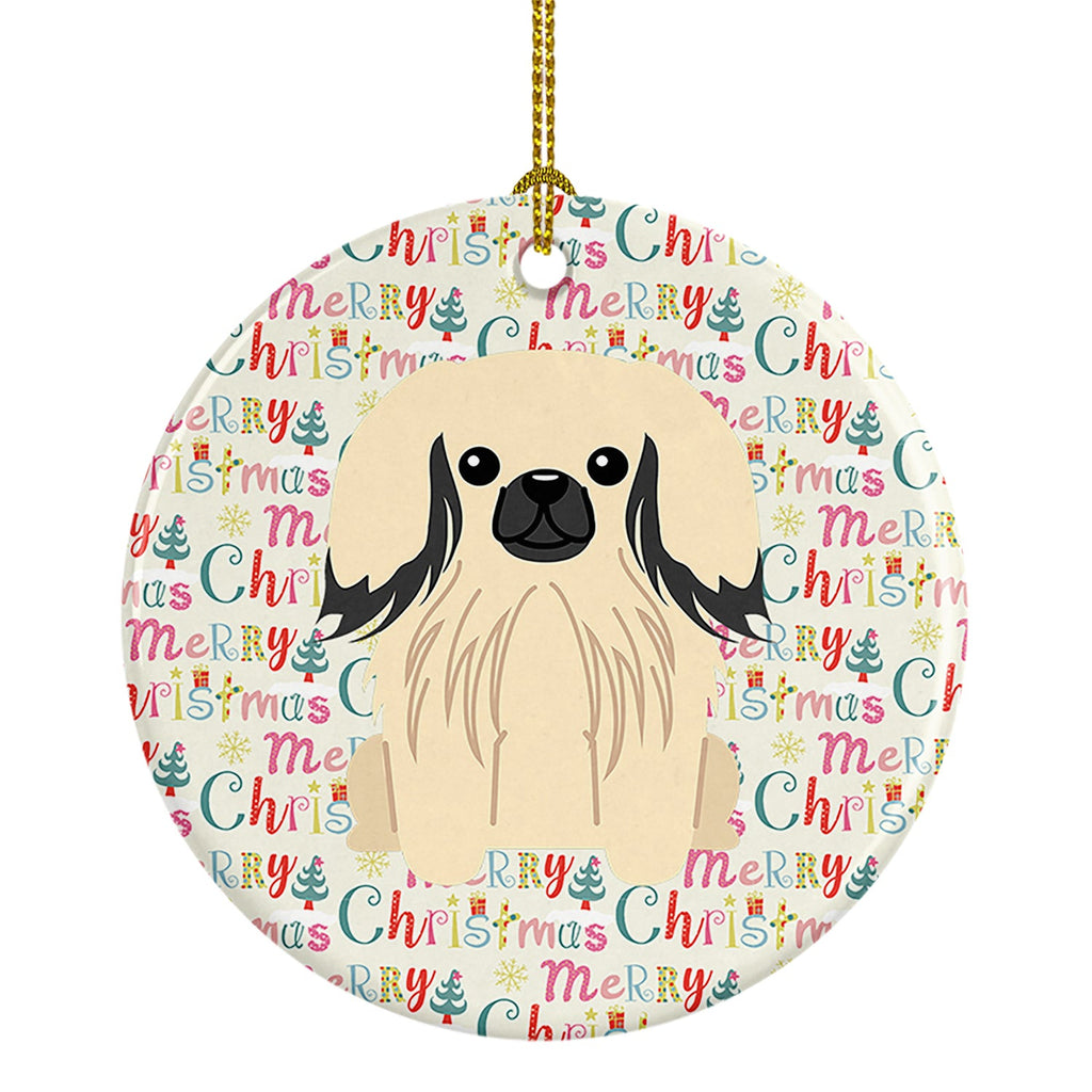Merry Christmas Pekingese Cream Ceramic Ornament