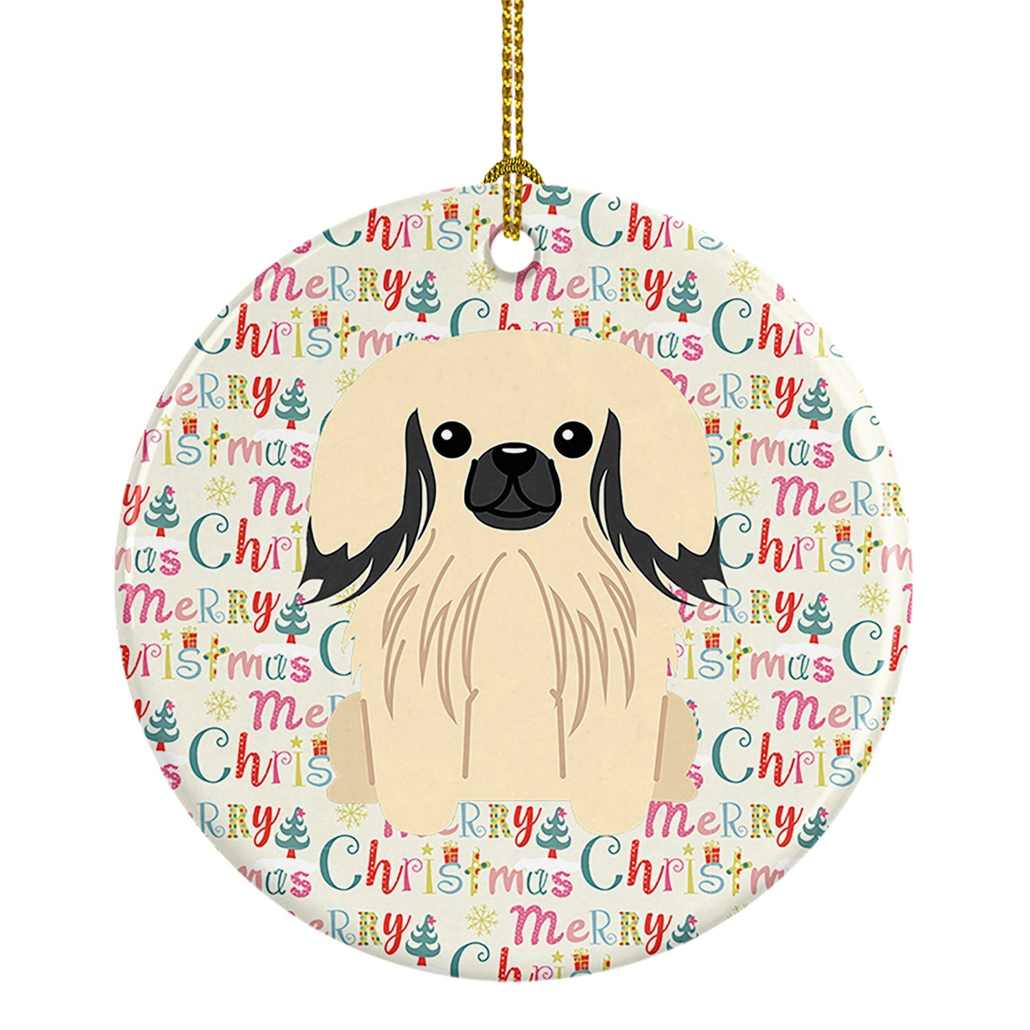 Merry Christmas Pekingese Cream Ceramic Ornament