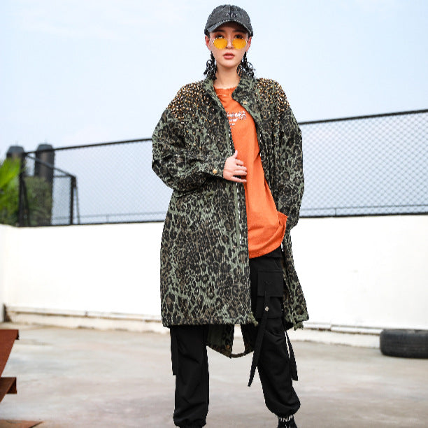 Leopard Print Camouflage Mid-Length Heavy Trench Coat