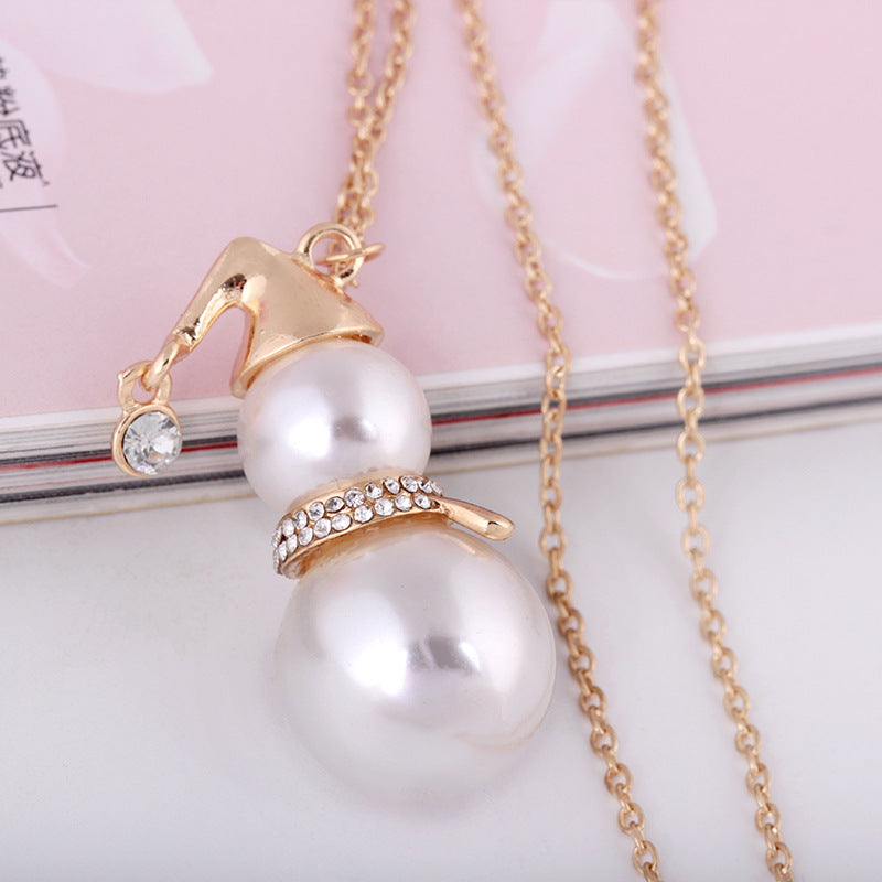 Long Sweater Chain with Pearl Snowman Pendant Necklace