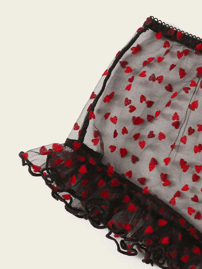 Red Heart Padded Lingerie Set with Polka Dot Mesh
