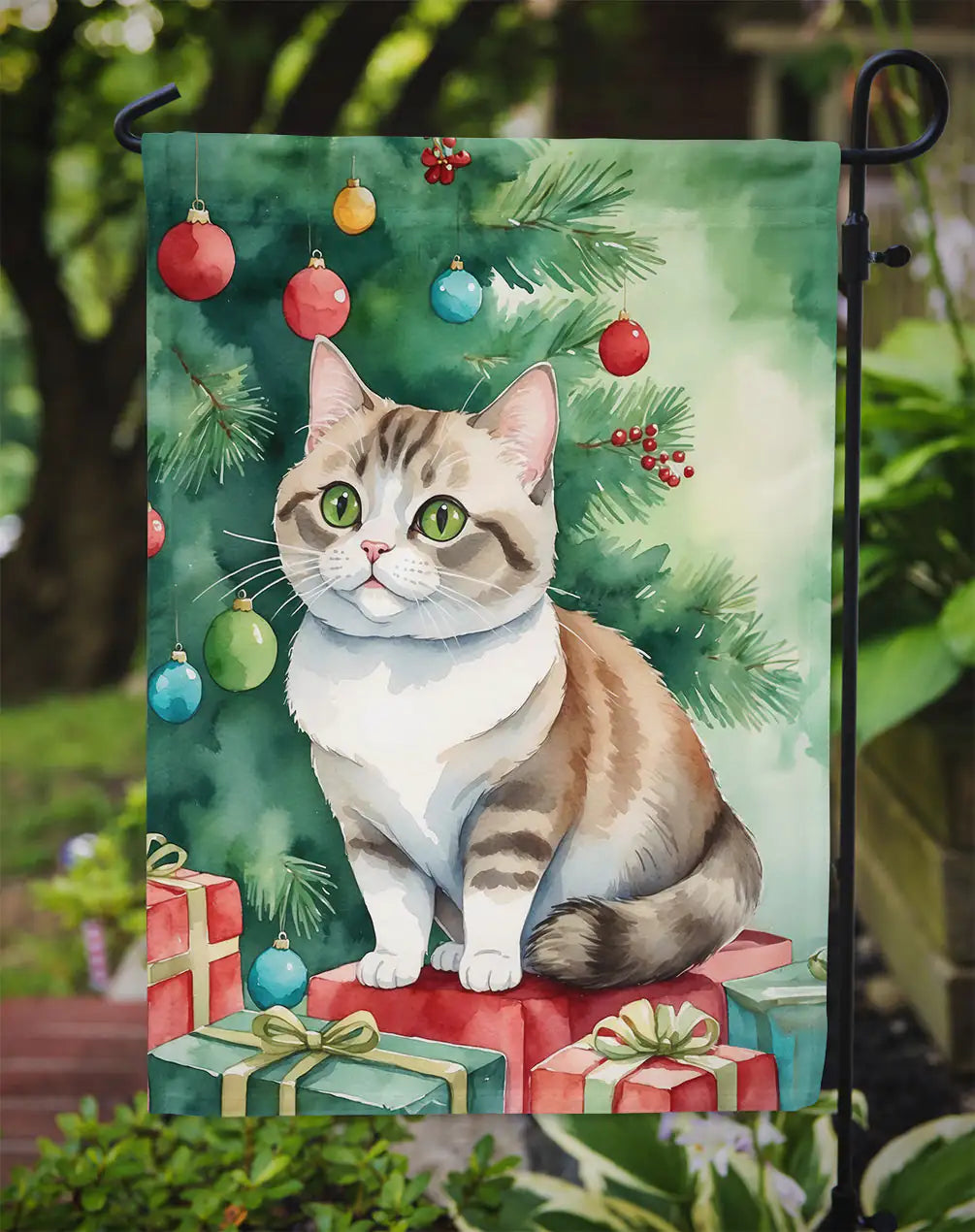 Munchkin Cat By the Christmas Tree Garden Flag