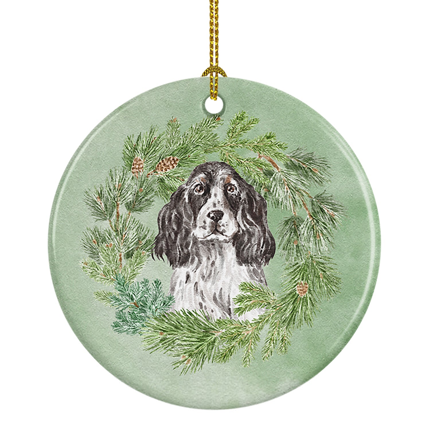 Cocker Spaniel Black and White Ticked Christmas Wreath Ceramic Ornament