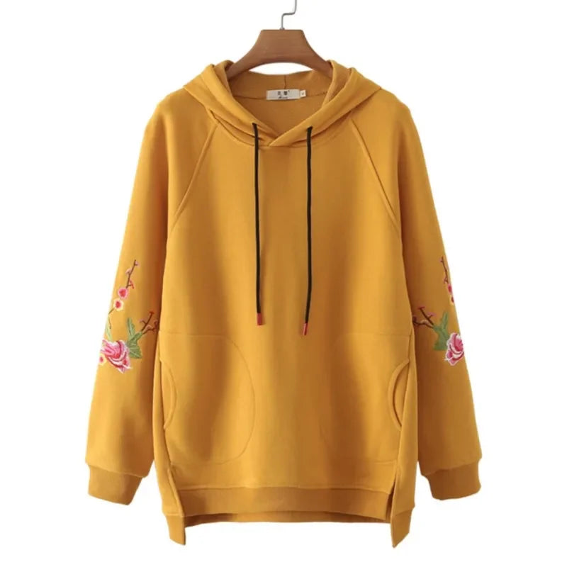 Plus Size Hoodie Pullover with Peony Embroidery for Women | Streetwear