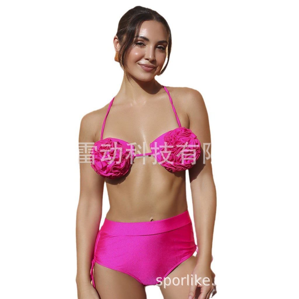 Solid Color High-Waist Bikini with Backless Design