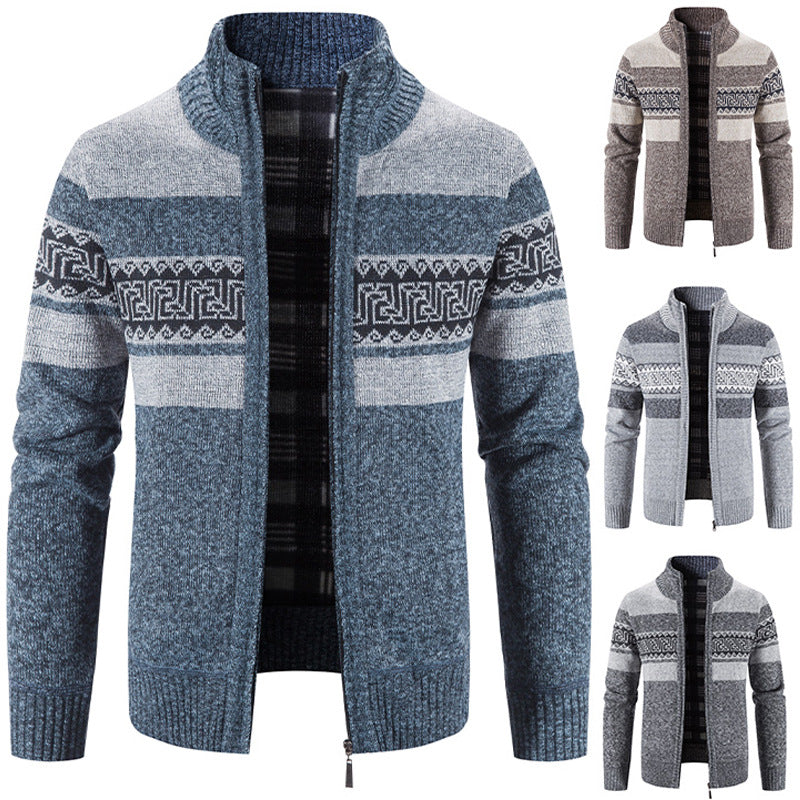 Men's Hooded Color Block Knitted Cardigan Jacket
